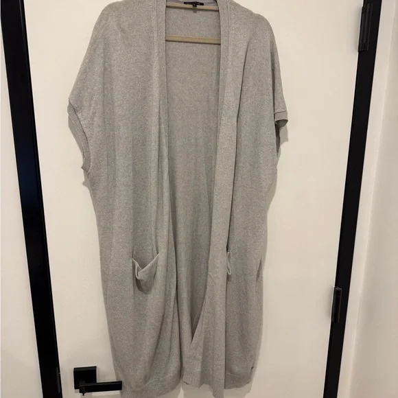 Lafayette 148 New York Light Gray Open-Front Short-Sleeve Cardigan with Pockets - Picture 1 of 7